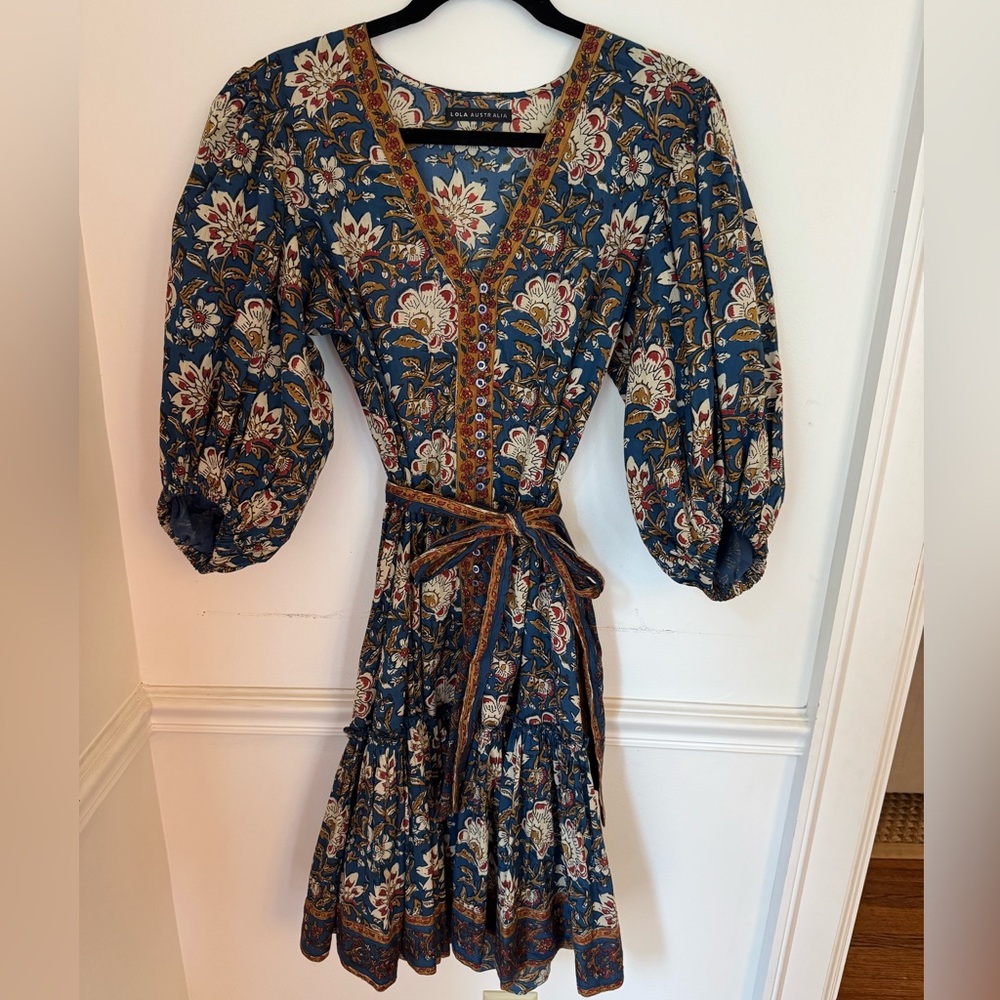 Lola Australia Floral Blue Dress with Puff Sleeves